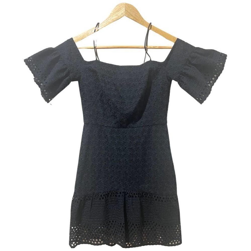 Topshop Black floral eyelet off the shoulder dress size 4